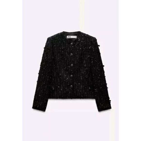 Zara Womens Sequin Jacket Blazer XS Black Fringed Textured Cropped 9659/630 NWOT - Picture 3 of 15